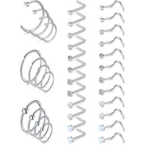 Mayhoop 20G Gold Nose Ring 316L Surgical Stainless Steel L Shaped Nose Piercing Stud Jewelry Hypoallergenic Piercings Hoop Jewelry For Women Men(Style A2(Silver))