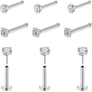 Mayhoop 20G Nose Rings Studs 316L Surgical Stainless Steel L Shape Bone Diamond Heart Corkscrew Nose Ring Nostril Piercing Jewelry For Women Men(Bone-Silver-B)