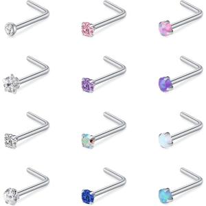 Mayhoop 20G Nose Rings Studs 316L Surgical Stainless Steel L Shape Bone Diamond Heart Corkscrew Nose Ring Nostril Piercing Jewelry For Women Men(L shaped-12Pcs-Silver)