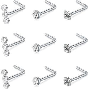Mayhoop 20G Nose Rings Studs 316L Surgical Stainless Steel L Shape Bone Diamond Heart Corkscrew Nose Ring Nostril Piercing Jewelry For Women Men(L-Silver-B)