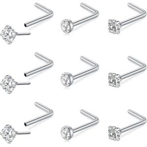 Mayhoop 20G Nose Rings Studs 316L Surgical Stainless Steel L Shape Bone Diamond Heart Corkscrew Nose Ring Nostril Piercing Jewelry For Women Men(L-Silver-C)
