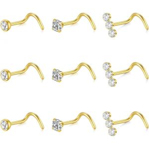 Mayhoop 20G Nose Rings Studs 316L Surgical Stainless Steel L Shape Bone Diamond Heart Corkscrew Nose Ring Nostril Piercing Jewelry For Women Men(Screw-Gold-A)