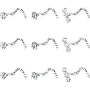 Mayhoop 20G Nose Rings Studs 316L Surgical Stainless Steel L Shape Bone Diamond Heart Corkscrew Nose Ring Nostril Piercing Jewelry For Women Men(Screw-Silver-B)
