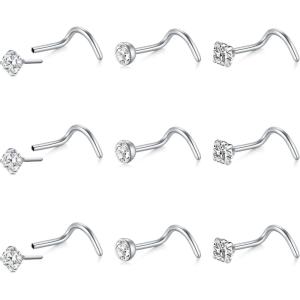 Mayhoop 20G Nose Rings Studs 316L Surgical Stainless Steel L Shape Bone Diamond Heart Corkscrew Nose Ring Nostril Piercing Jewelry For Women Men(Screw-Silver-C)