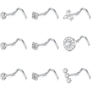 Mayhoop 20G Nose Rings Studs 316L Surgical Stainless Steel L Shape Bone Diamond Heart Corkscrew Nose Ring Nostril Piercing Jewelry For Women Men(Screw-Silver-A)
