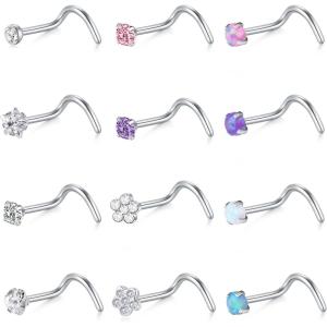 Mayhoop 20G Nose Rings Studs 316L Surgical Stainless Steel L Shape Bone Diamond Heart Corkscrew Nose Ring Nostril Piercing Jewelry For Women Men(nose screw-12Pcs-Silver)