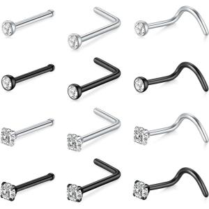 Mayhoop 20G Stainless Steel Nose Rings Nose Studs L Shape Nose Rings Studs Nose Screw Bone Diamond Corkscrew Nose Ring Nostril Nose Piercing Jewelry(12Pcs-silver+black)
