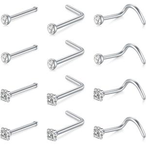 Mayhoop 20G Stainless Steel Nose Rings Nose Studs L Shape Nose Rings Studs Nose Screw Bone Diamond Corkscrew Nose Ring Nostril Nose Piercing Jewelry(12pcs-silver)