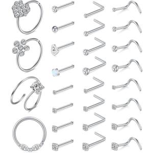 Mayhoop 20G Stainless Steel Nose Rings Nose Studs L Shape Nose Rings Studs Nose Screw Bone Diamond Corkscrew Nose Ring Nostril Nose Piercing Jewelry(28Pcs-silver)