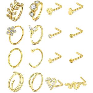 Mayhoop 20G Stainless Steel Nose Rings Nose Studs L Shape Nose Rings Studs Nose Screw Bone Diamond Heart Corkscrew Nose Ring Nostril Nose Piercing Jewelry For Women Men