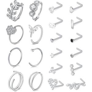 Mayhoop 20G Stainless Steel Nose Rings Studs – L Shape, Bone, Heart, Corkscrew – Nose Piercing Jewelry for Women & Men