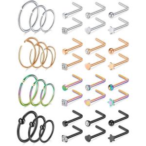 Mayhoop 20g Nose Rings Hoops And Studs For Women Men – Hypoallergenic 316L Surgical Stainless Steel L Shape Nose Screw Bone Silver Rose Gold Black Rainbow Pack 28Pcs(36Pcs(Silver+Rose gold+Black+Rainbow))