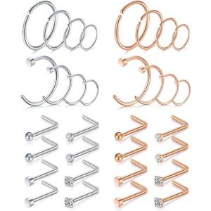 Mayhoop 20g Nose Rings Hoops And Studs For Women Men – Hypoallergenic 316L Surgical Stainless Steel L Shape Nose Screw Bone Silver Rose Gold Black Rainbow Pack 28Pcs(L-shaped(Silver+Rose gold))
