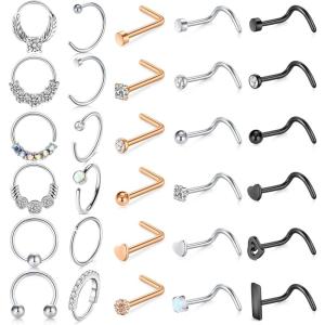 Mayhoop 20g Nose Rings Hoops And Studs For Women Men – Hypoallergenic 316L Surgical Stainless Steel L Shape Nose Screw Bone Silver Rose Gold Black Rainbow Pack 28Pcs(Style B(Silver+Rose gold+Black))
