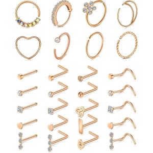 Mayhoop 20g Nose Rings Hoops And Studs For Women Men – Hypoallergenic 316L Surgical Stainless Steel L Shape Nose Screw Bone Silver Rose Gold Black Rainbow Pack 28Pcs(3#Rose-gold)