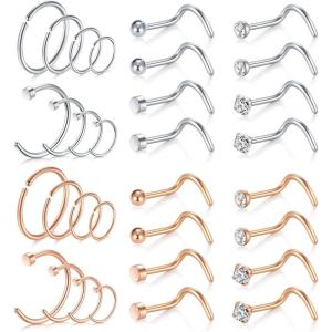 Mayhoop 20g Nose Rings Hoops And Studs For Women Men – Hypoallergenic 316L Surgical Stainless Steel L Shape Nose Screw Bone Silver Rose Gold Black Rainbow Pack 28Pcs(Nose screw(Silver+Rose gold))