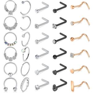 Mayhoop 20g Nose Rings Hoops And Studs For Women Men – Hypoallergenic 316L Surgical Stainless Steel L Shape Nose Screw Bone Silver Rose Gold Black Rainbow Pack 28Pcs(Style A(Silver+Rose gold+Black))