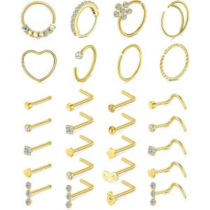 Mayhoop 20g Nose Rings Hoops And Studs For Women Men – Hypoallergenic 316L Surgical Stainless Steel L Shape Nose Screw Bone Silver Rose Gold Black Rainbow Pack 28Pcs(1#Gold)
