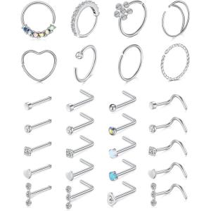 Mayhoop 20g Nose Rings Hoops And Studs For Women Men – Hypoallergenic 316L Surgical Stainless Steel L Shape Nose Screw Bone Silver Rose Gold Black Rainbow Pack 28Pcs(2#Silver)