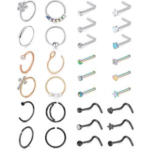 Mayhoop 20g Nose Rings Hoops And Studs For Women Men – Hypoallergenic 316L Surgical Stainless Steel L Shape Nose Screw Bone Silver Rose Gold Black Rainbow Pack 28Pcs(30Pcs(Silver+Rose gold+Black+Rainbow))