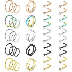 Mayhoop 20g Nose Rings Hoops And Studs For Women Men – Hypoallergenic 316L Surgical Stainless Steel L Shape Nose Screw Bone Silver Rose Gold Black Rainbow Pack 28Pcs(Mix A)