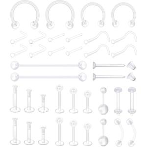 Mayhoop 38pcs Clear Piercing Retainers for Surgery Bioflex Nose Rings Belly Rings Septum Eyebrow Lip Cartilage Tragus Earring Retainer Industrial Bar Plastic Piercing Jewelry for Work(38Pcs-Mix)