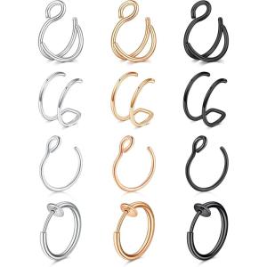 Mayhoop Faux Nose Ring Hoop Double Piercing for Women & Men – Silver, Rose Gold, Black(12Pcs-Mix)
