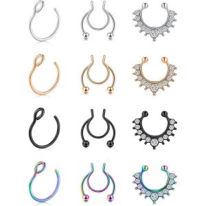Mayhoop Faux Nose Ring Hoop Double Piercing for Women & Men – Silver, Rose Gold, Black(12pcs-Mix B)