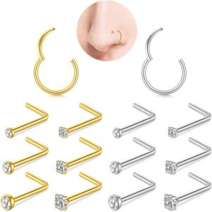 Mayhoop Nose Rings Hoops and Nose Rings Studs Sets for Women Men,Hypoallergenic 316L Surgical Steel Hinged Clicker Segment Helix Cartilage Daith Tragus Earrings Silver Gold L Shape Nose Studs Real Body Piercing Jewelry 18G 20G(Silver+Gold 18G)