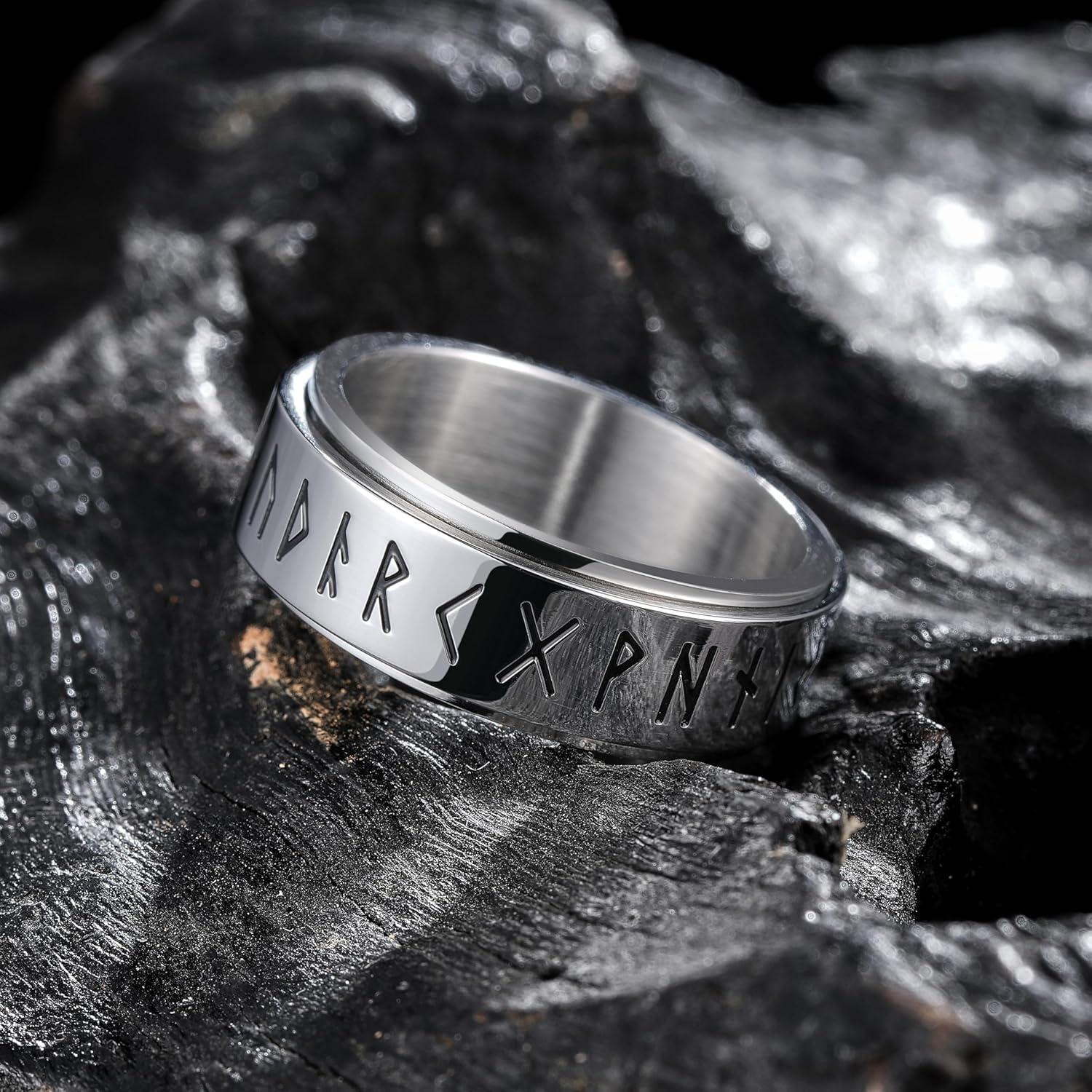 imageKing Will 316L Stainless Steel Spinner Wedding Band for Men Women8mm Width Fidget Spinner Ring in BrownBlackSliver with Viking Runes Pattern Stress Relief Ring Comfort Fit Size 713ASliver Plated