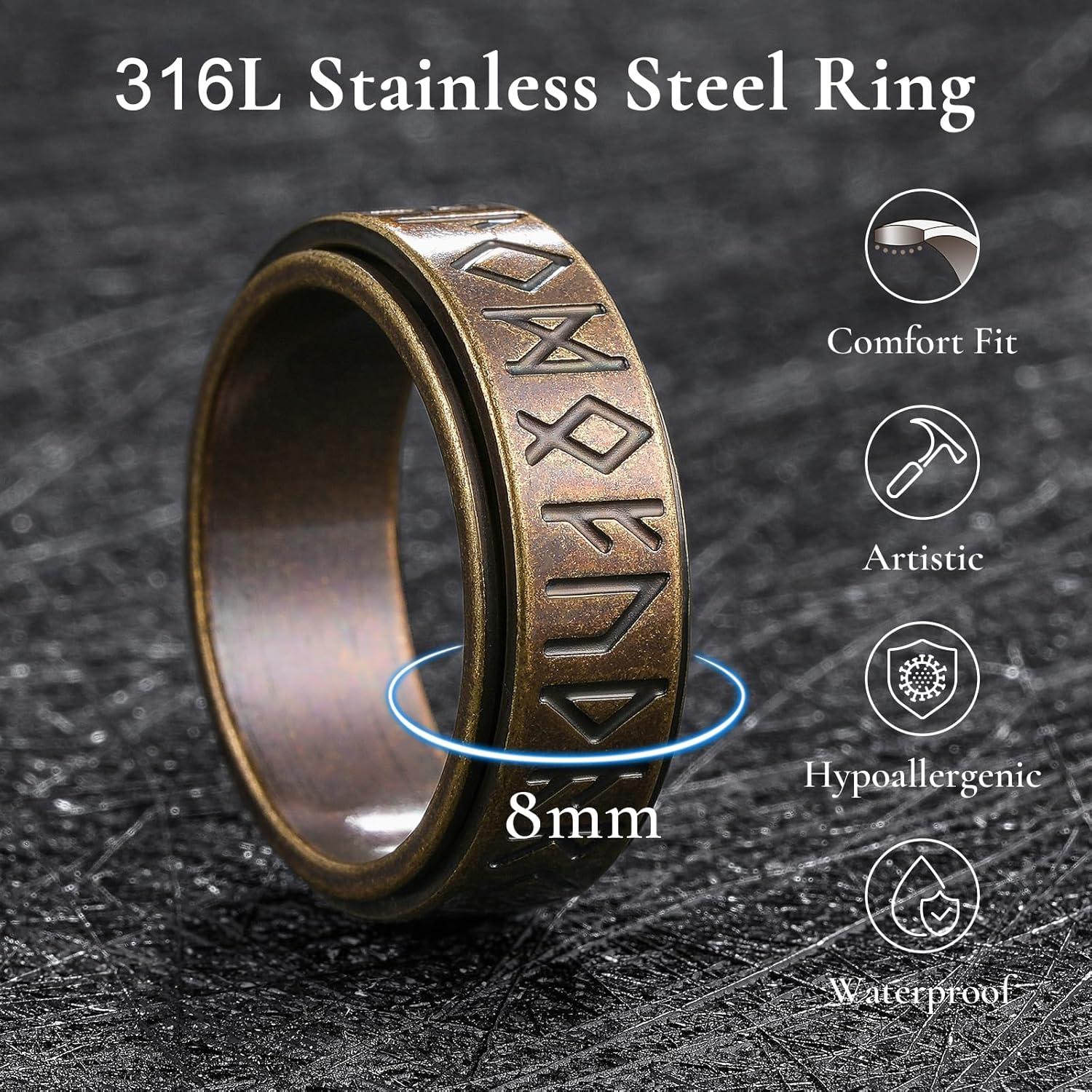 imageKing Will 316L Stainless Steel Spinner Wedding Band for Men Women8mm Width Fidget Spinner Ring in BrownBlackSliver with Viking Runes Pattern Stress Relief Ring Comfort Fit Size 713ABronze