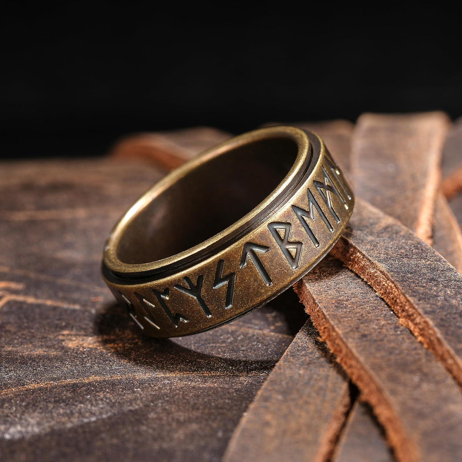 imageKing Will 316L Stainless Steel Spinner Wedding Band for Men Women8mm Width Fidget Spinner Ring in BrownBlackSliver with Viking Runes Pattern Stress Relief Ring Comfort Fit Size 713ABronze