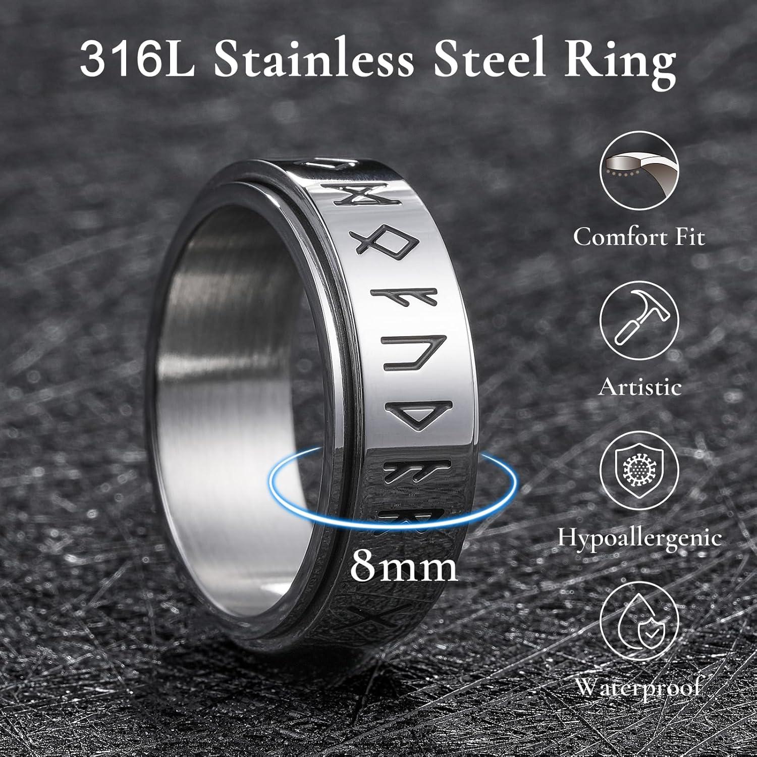 imageKing Will 316L Stainless Steel Spinner Wedding Band for Men Women8mm Width Fidget Spinner Ring in BrownBlackSliver with Viking Runes Pattern Stress Relief Ring Comfort Fit Size 713ASliver Plated