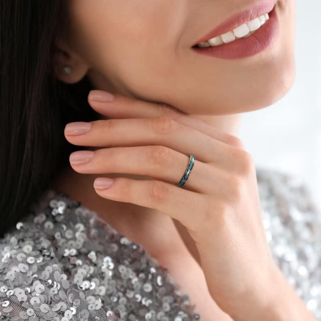 imageKing Will 4mm Turquoise Granules Inlay Stainless Steel Ring Domed Polished Shiny Rose Gold Wedding Band for Men Women 95