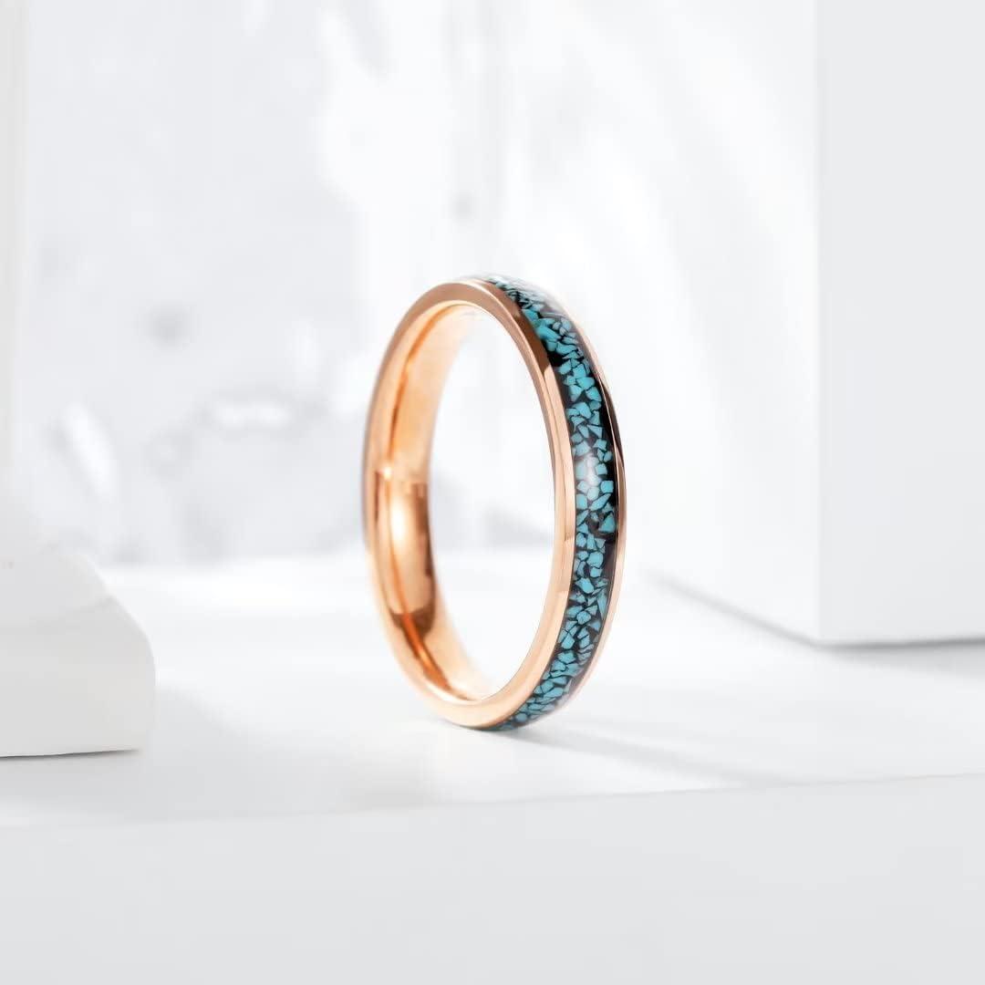 imageKing Will 4mm Turquoise Granules Inlay Stainless Steel Ring Domed Polished Shiny Rose Gold Wedding Band for Men Women 95