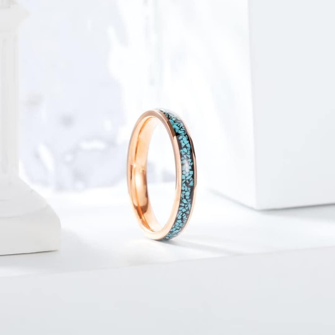 imageKing Will 6mm Domed Polished Stainless Steel Ring Turquoise Granules Inlay Shiny Rose Gold Wedding Band for Men Women 95