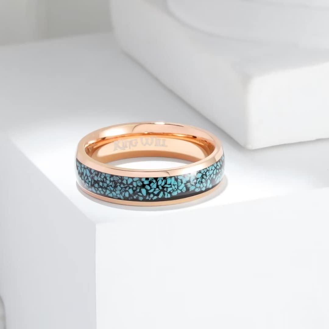 imageKing Will 8mm Rose Gold Domed Stainless Steel Ring Turquoise Granules Inlay Shiny Polished Wedding Band for Men Women 95