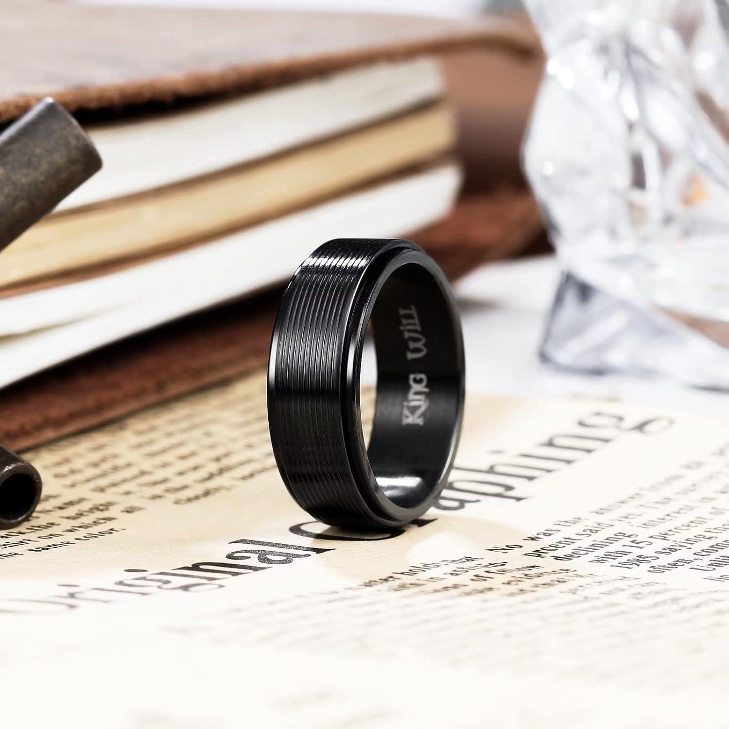 imageKing Will Black Line Groove Mens Women 8mm Spinner Rings Stainless Steel Anxiety Fidget Ring for Women Men Polish Groove Wedding Band Fidget Ring Matte Brushed Comfort Fit 125