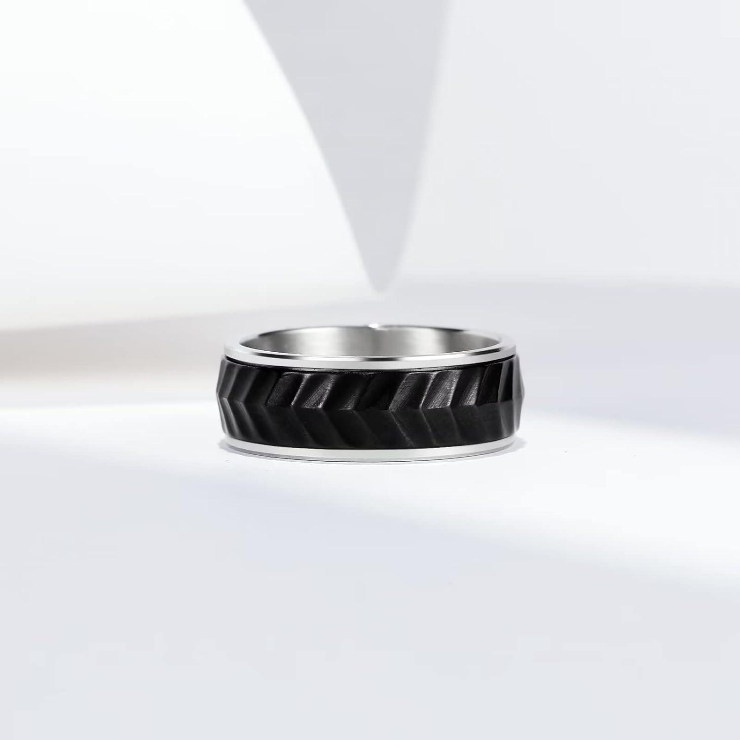 imageKing Will Black Silver Gold Mens Spinner Anxiety Fidget Ring 8mm Stainless Steel Wire Mesh Chain Woven MeshTire StripeGroove Ring for Stress Relievingsilverblack