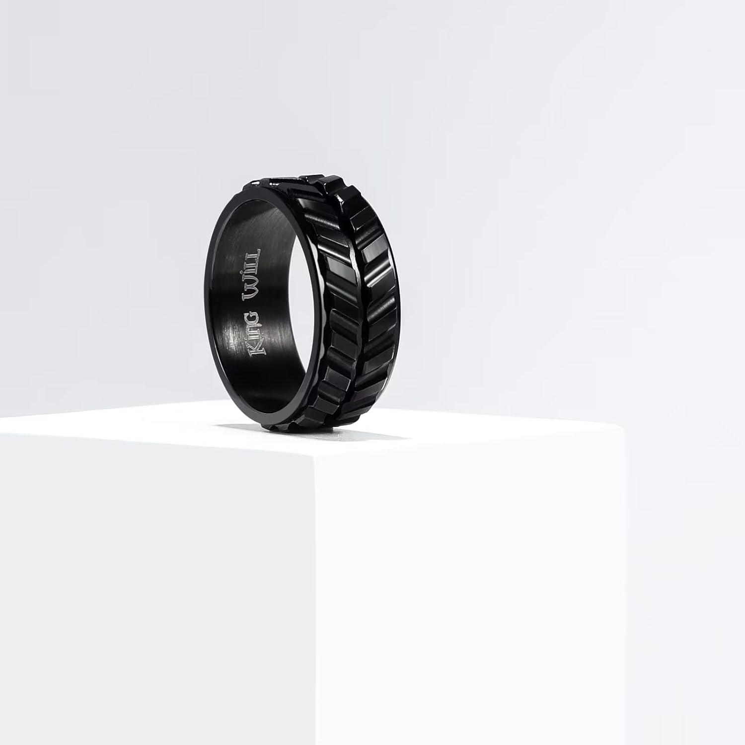 imageKing Will Black Silver Gold Mens Spinner Anxiety Fidget Ring 8mm Stainless Steel Wire Mesh Chain Woven MeshTire StripeGroove Ring for Stress RelievingblackTire Stripe