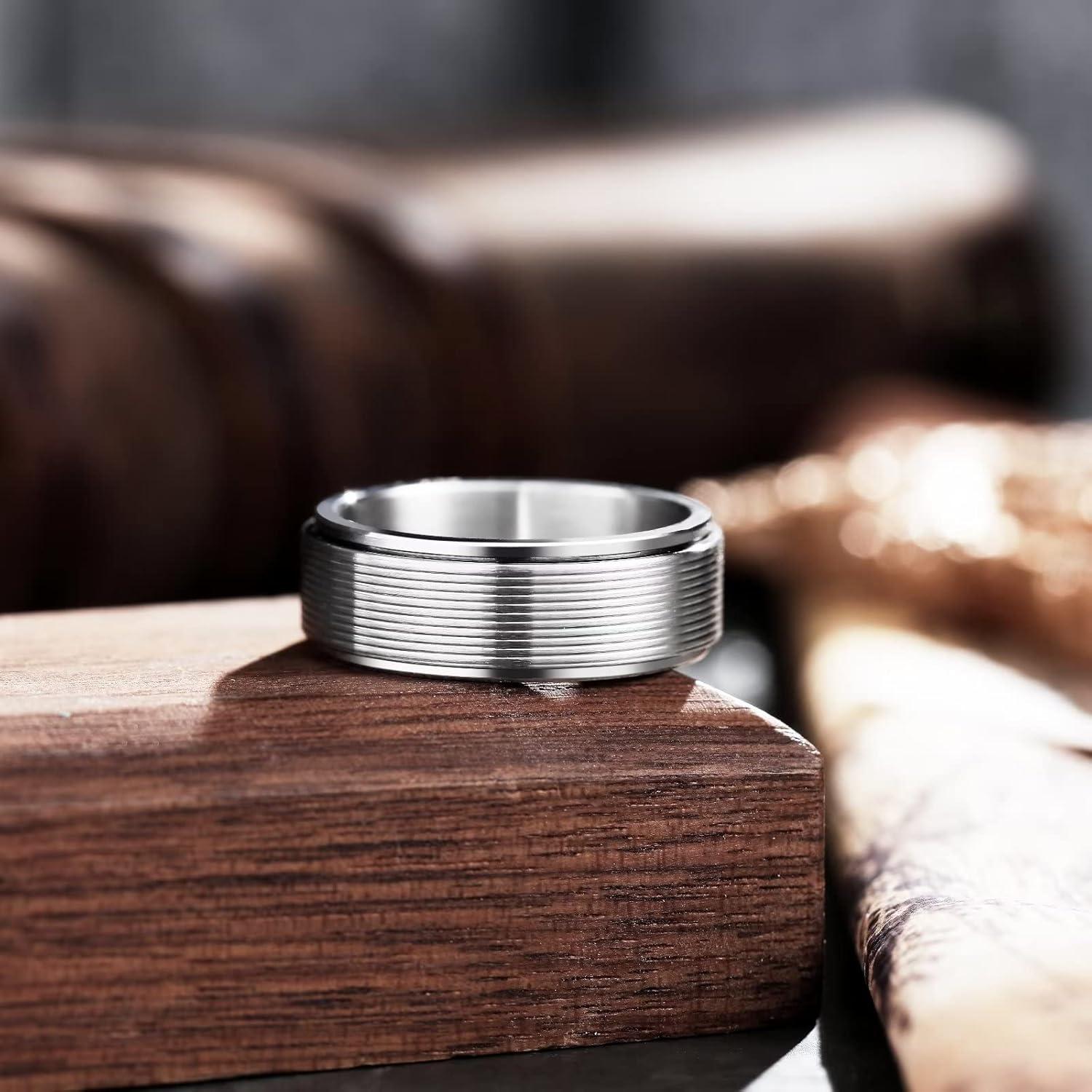 imageKing Will Black Silver Gold Mens Spinner Anxiety Fidget Ring 8mm Stainless Steel Wire Mesh Chain Woven MeshTire StripeGroove Ring for Stress Relievingsilvergroove