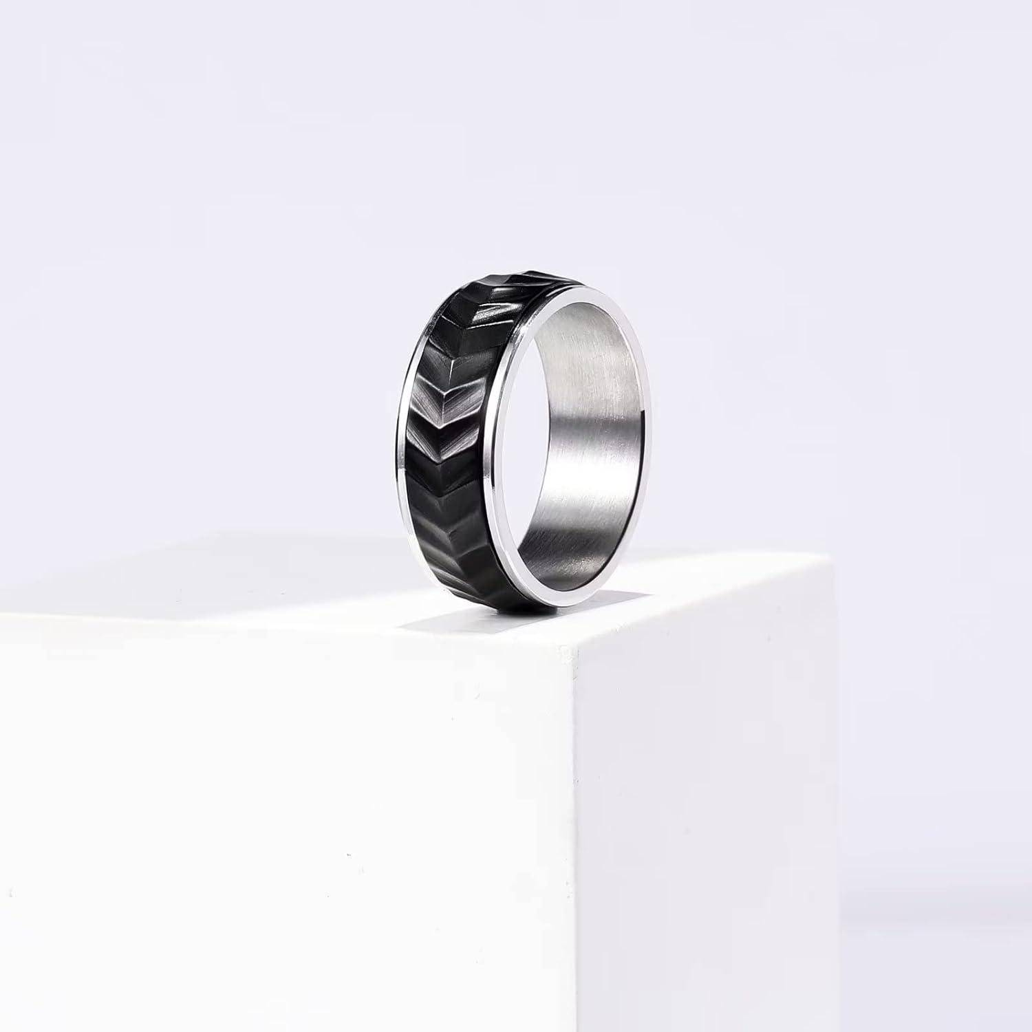 imageKing Will Black Silver Gold Mens Spinner Anxiety Fidget Ring 8mm Stainless Steel Wire Mesh Chain Woven MeshTire StripeGroove Ring for Stress Relievingsilverblack