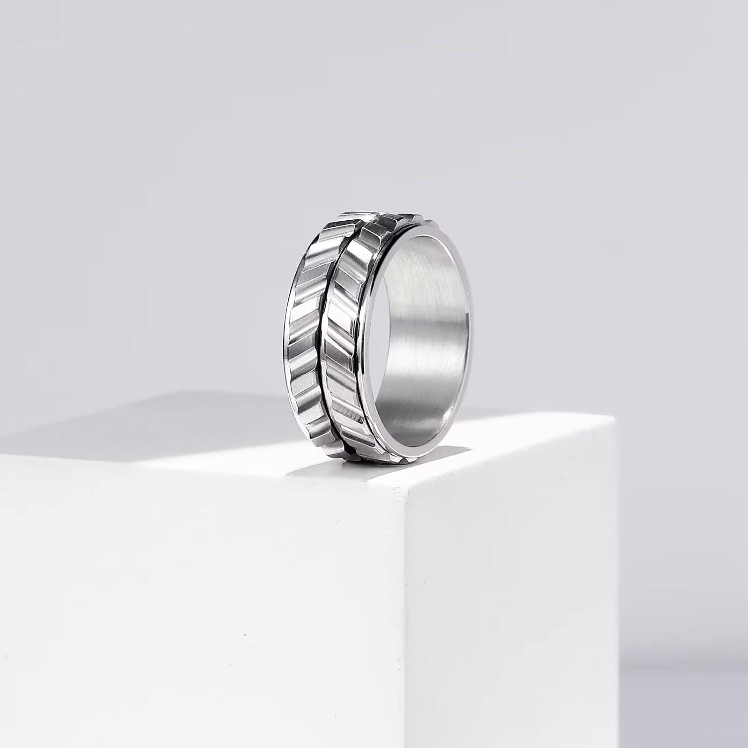 imageKing Will Black Silver Gold Mens Spinner Anxiety Fidget Ring 8mm Stainless Steel Wire Mesh Chain Woven MeshTire StripeGroove Ring for Stress RelievingsilverTire Stripe