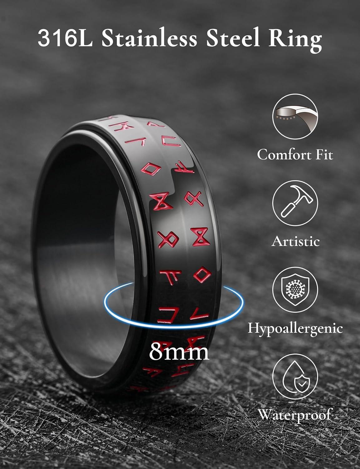 imageKing Will Mens 8mm 316L Stainless Steel Fidget Chain Spinner Rings Viking RunesBlack