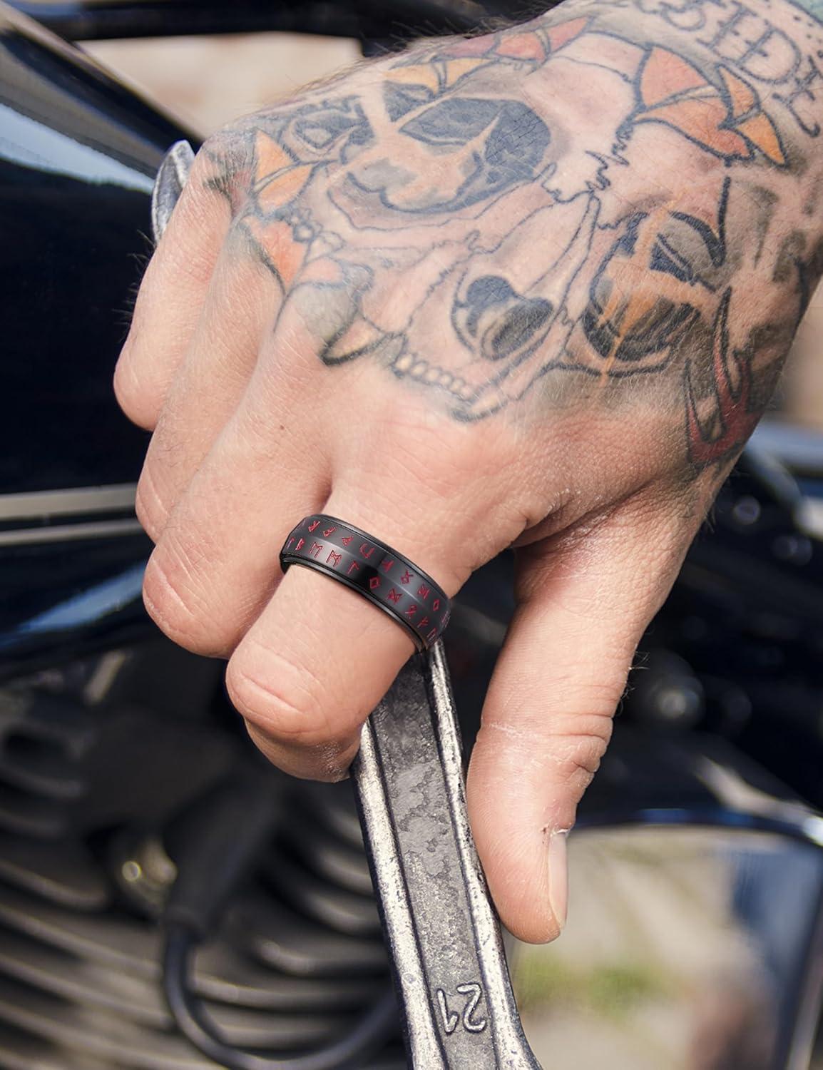 imageKing Will Mens 8mm 316L Stainless Steel Fidget Chain Spinner Rings Viking RunesBlack