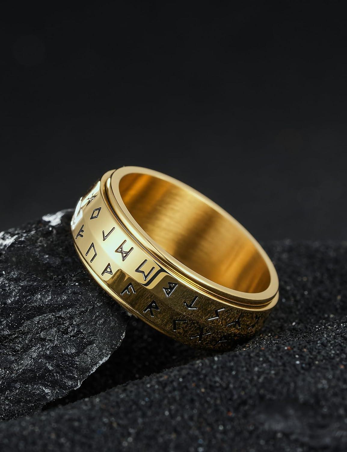 imageKing Will Mens 8mm 316L Stainless Steel Fidget Chain Spinner Rings Viking RunesGold