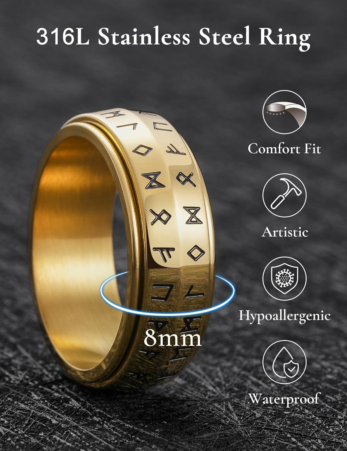 imageKing Will Mens 8mm 316L Stainless Steel Fidget Chain Spinner Rings Viking RunesGold