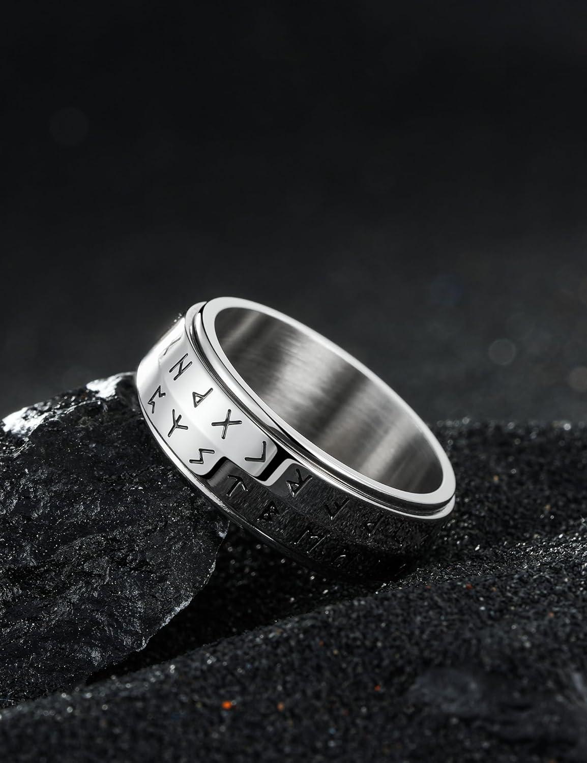 imageKing Will Mens 8mm 316L Stainless Steel Fidget Chain Spinner Rings Viking RunesSilver