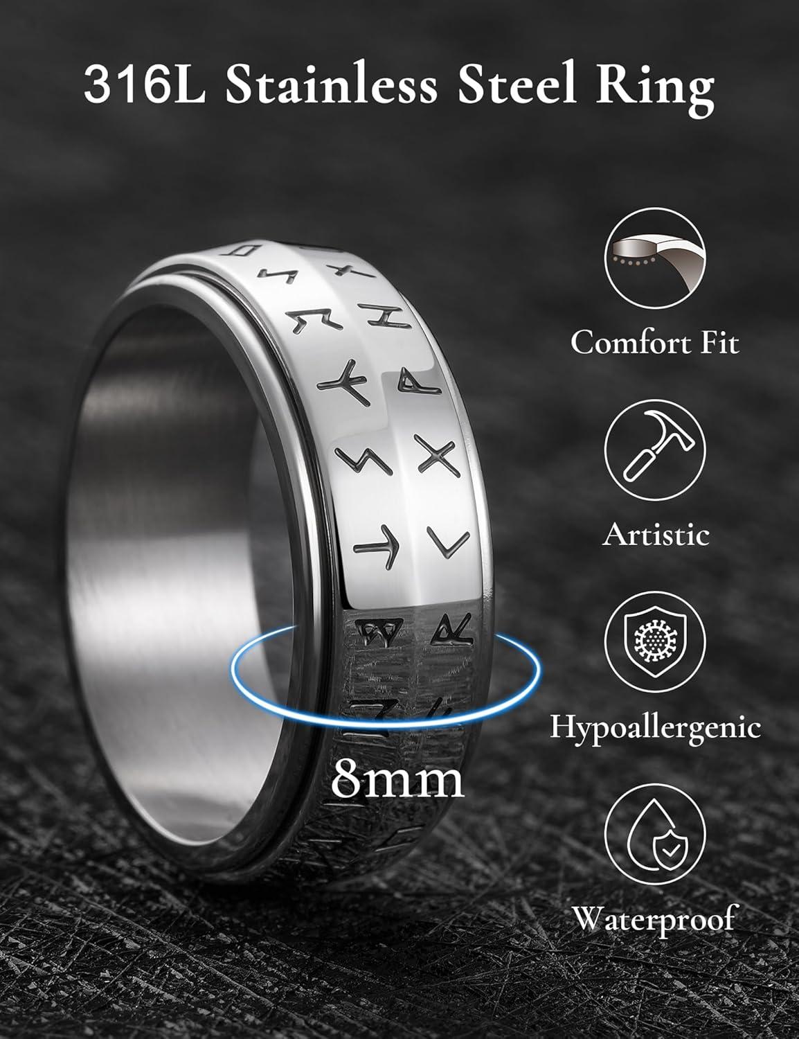 imageKing Will Mens 8mm 316L Stainless Steel Fidget Chain Spinner Rings Viking RunesSilver
