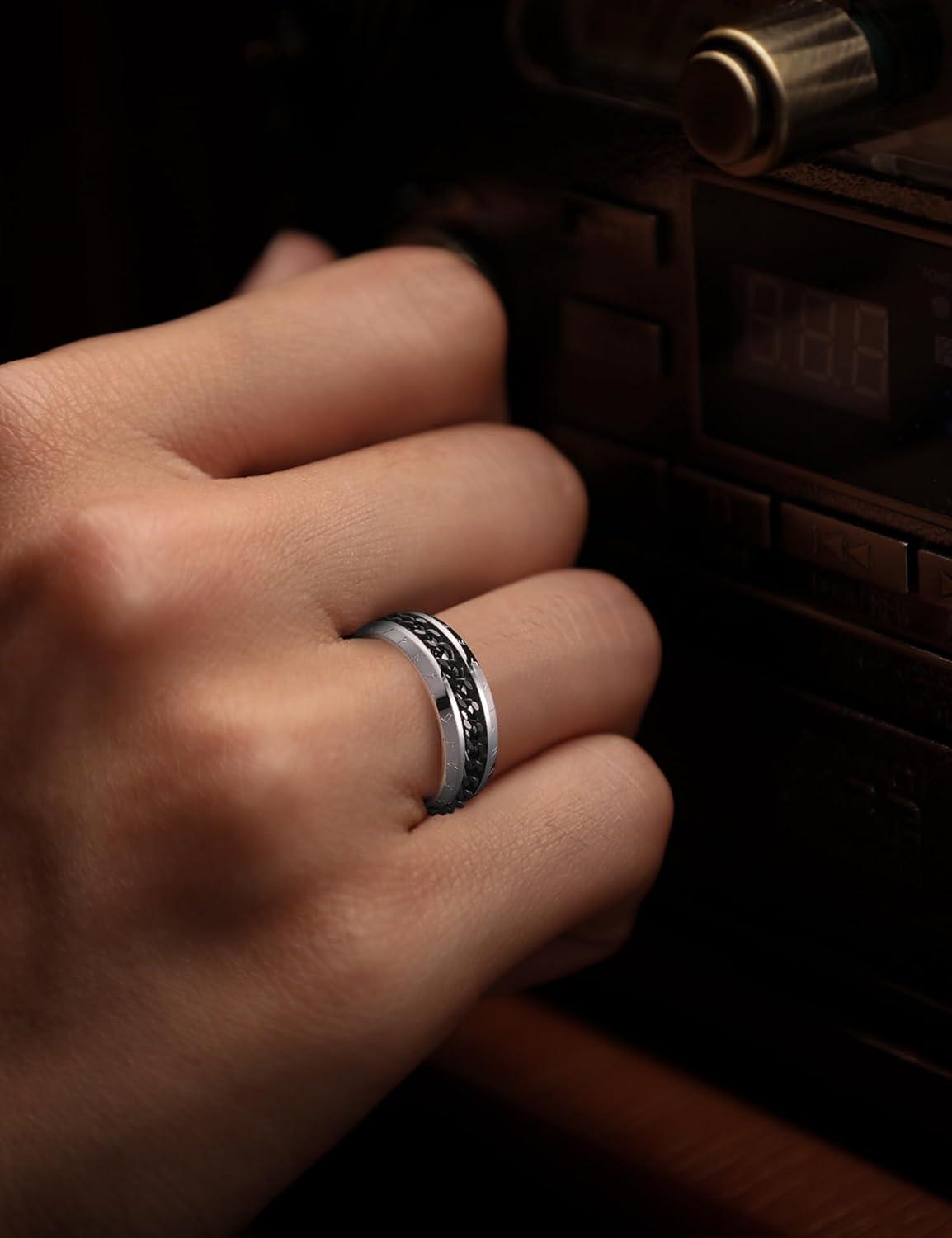 imageKing Will Mens 8mm 316L Stainless Steel Fidget Chain Spinner Rings Viking RunesSilver with Black Chain